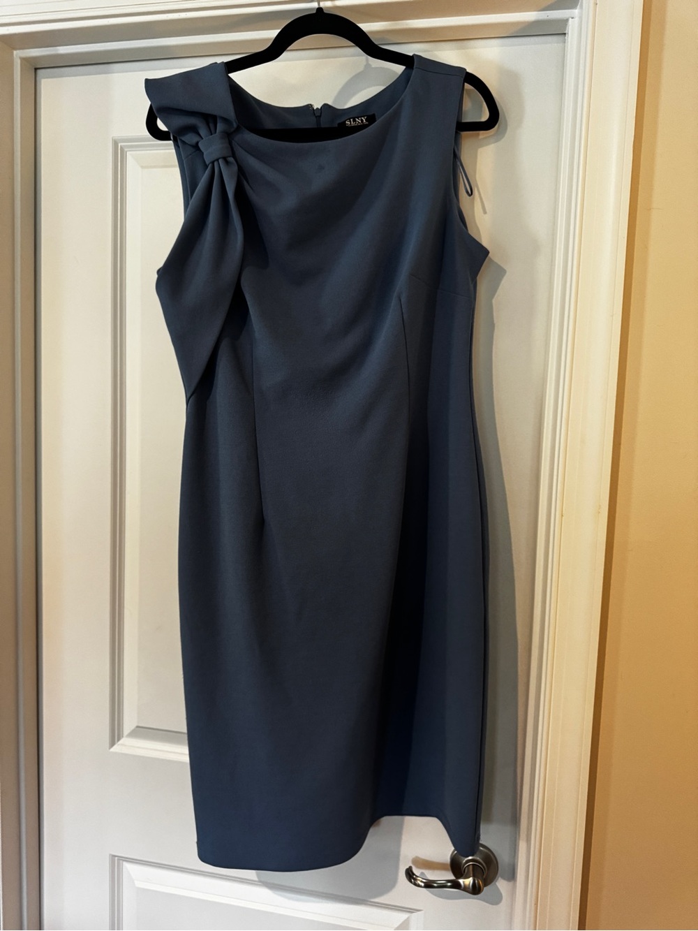 Eliza J Slate Blue Knot-Shoulder Sheath Dress